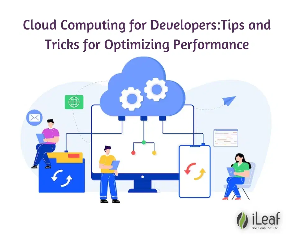 Flat illustration of a team working around a monitor linked to a cloud and gear icons.