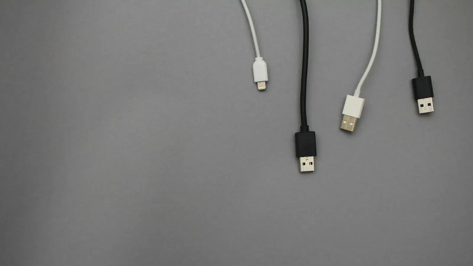 An assortment of different charging and data cables laid out on a grey surface.