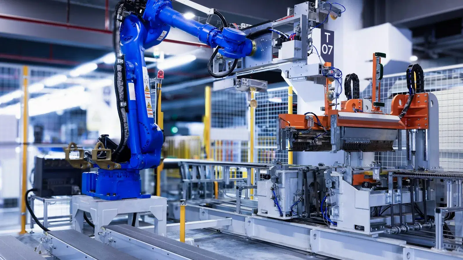 A blue industrial robot arm working on an automated factory line.