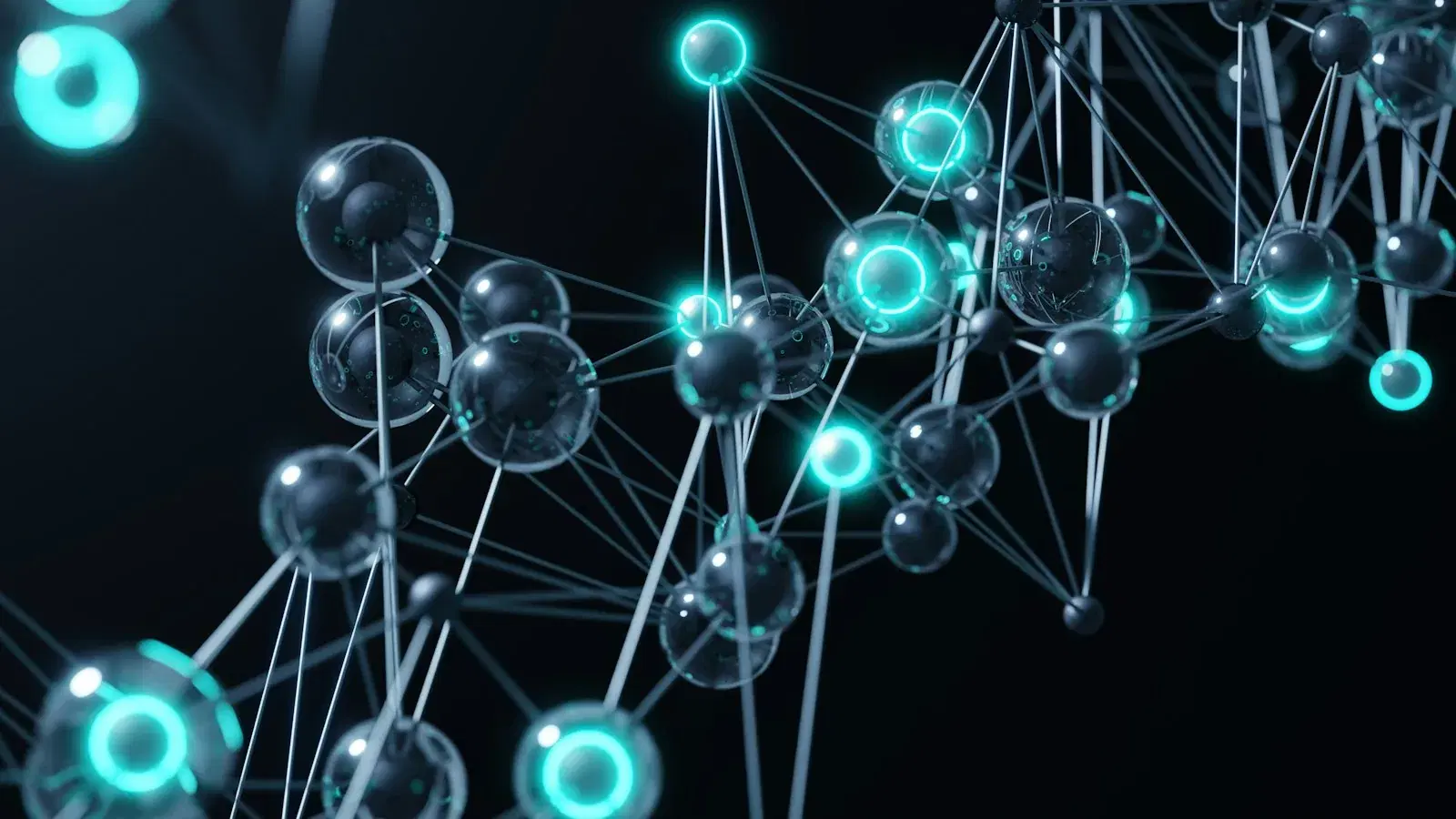 Glowing spheres joined by thin lines, arranged as a connected graph.